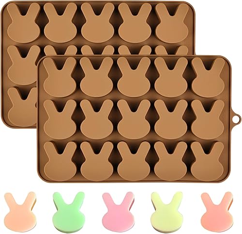 Moldes de conejo de Pascua, 2 piezas, molde de silicona para chocolate, forma de conejo, molde de caramelo de Pascua, 15 cavidades para resina de