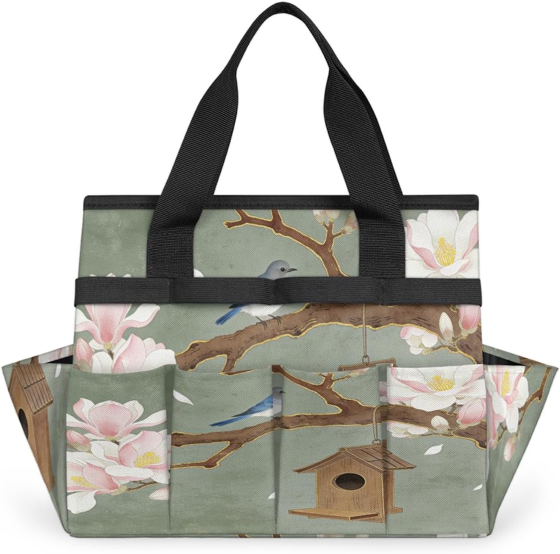 Fresh Flowers and Birds Garden Tool Bag, Heavy Duty Gardening Tote Bag with 10 Pockets,Standable Garden Home Tool Kits Organizer,Gardening bag for women Men Indoor and Outdoor Gardening.