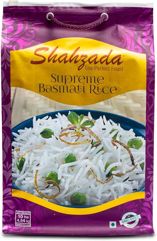 Shahzada Supreme Basmati Rice 10 Lbs – Extra Long Grain, Non-Sticky, Non GMO, Vegan, Gluten Free, No Cholesterol, Low Sodium, Zip-