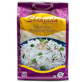 Shahzada Supreme Basmati Rice 10 Lbs Extra Long Grain, Non-Sticky, Non GMO, Vegan, Gluten Free, No Cholesterol, Low Sodium, Zip-Lock Bag, Parboiled