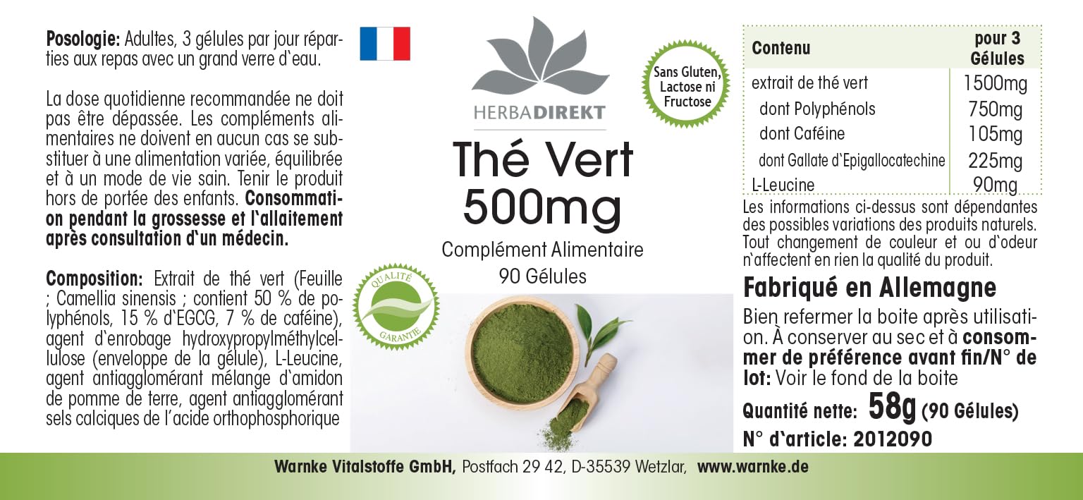 Estratto di tè verde - 90 capsule - 1500mg per dose giornaliera - EGCG - Camellia sinensis - min. 50% di polifenoli - vegano | HERBADIREKT by Warnke Vitalstoffe - Qualità farmaceutica tedesca