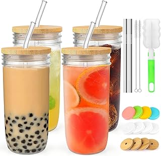 4-Pack 24oz Glass Cups with 12 Lids and 8 Straws