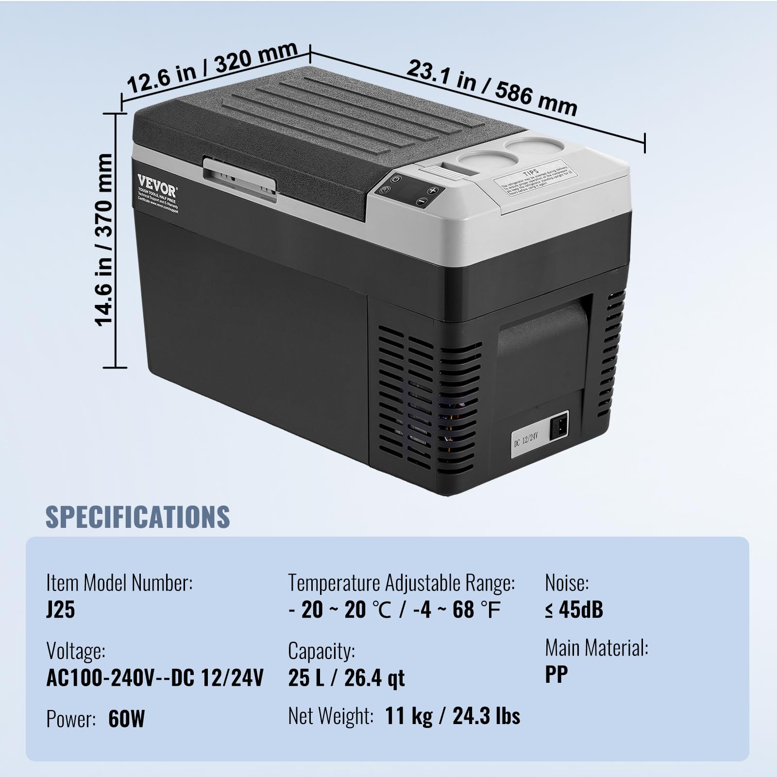VEVOR Réfrigérateur Portable à Compression 25 L, Mini Frigo de Voiture 12/24 V CC et 100-240 V CA, Glacière à Zone Unique, -20 °C à 20 °C Température Réglable, pour Camion Bateau Maison Camping