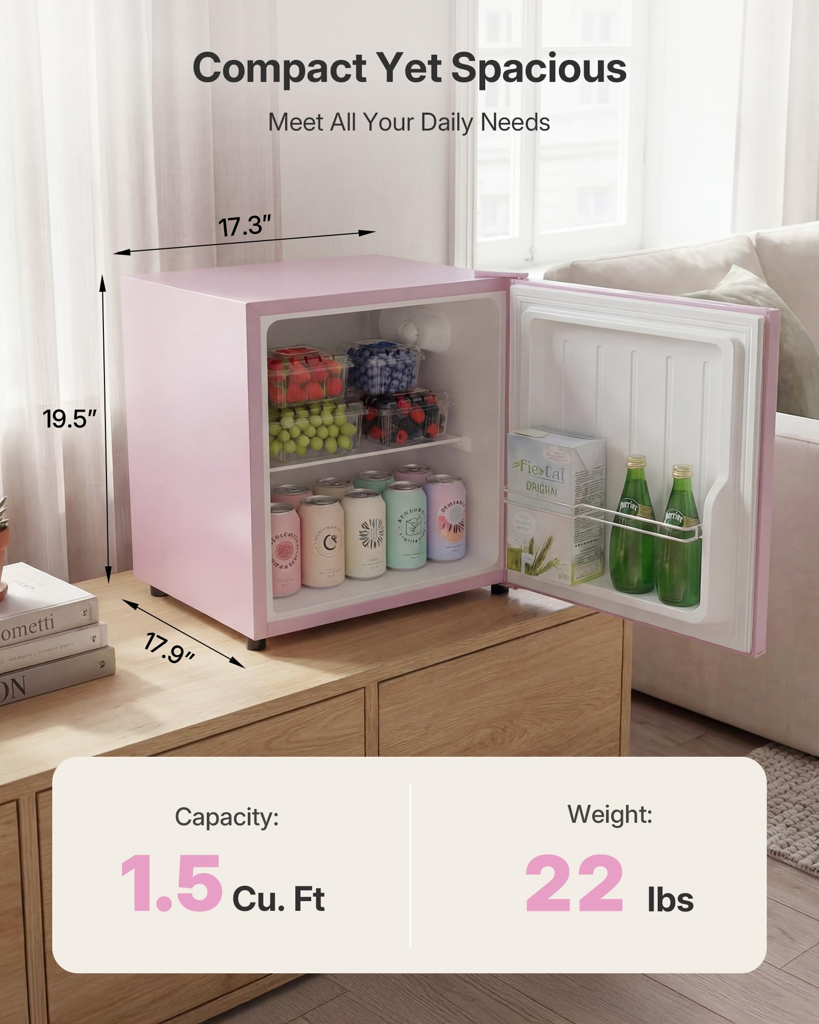 Upstreman 1.5 Cu.Ft All-Refrigerator Mini Fridge, Single Door Small Refrigerator, Dorm Fridge With 7 Adjustable Thermostat, Compact Refrigerator For Office, Bedroom Or Dorm, Pink-Cr16 on Fridge.com - View 2