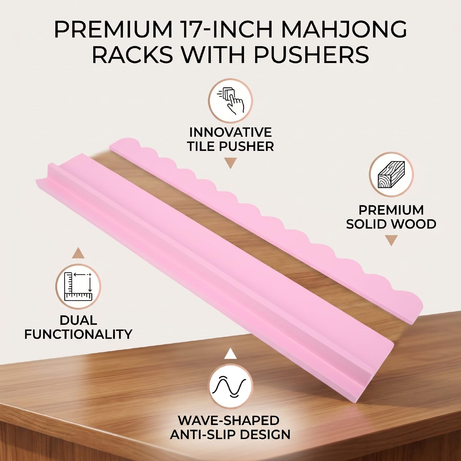 Bastidores Mahjong de Madera de 17 Pulgadas, Elegante Diseño Ondulado con Empujadores para Noches de Juegos Familiares, Madera Maciza de Primera Calidad, 4 Piezas