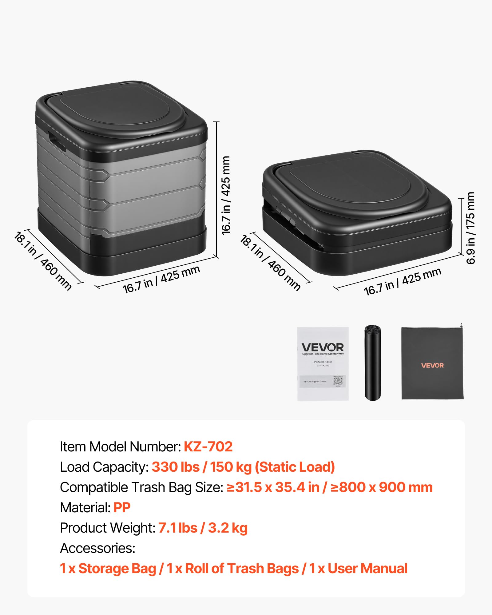 VEVOR Toilette de Camping Pliable, Toilette Portable avec Capacité de Charge de 150 kg, pour Domicile Camping-car Caravane Bateau Randonnée, WC de Voyage avec Sac de Transport et Sacs Poubelle