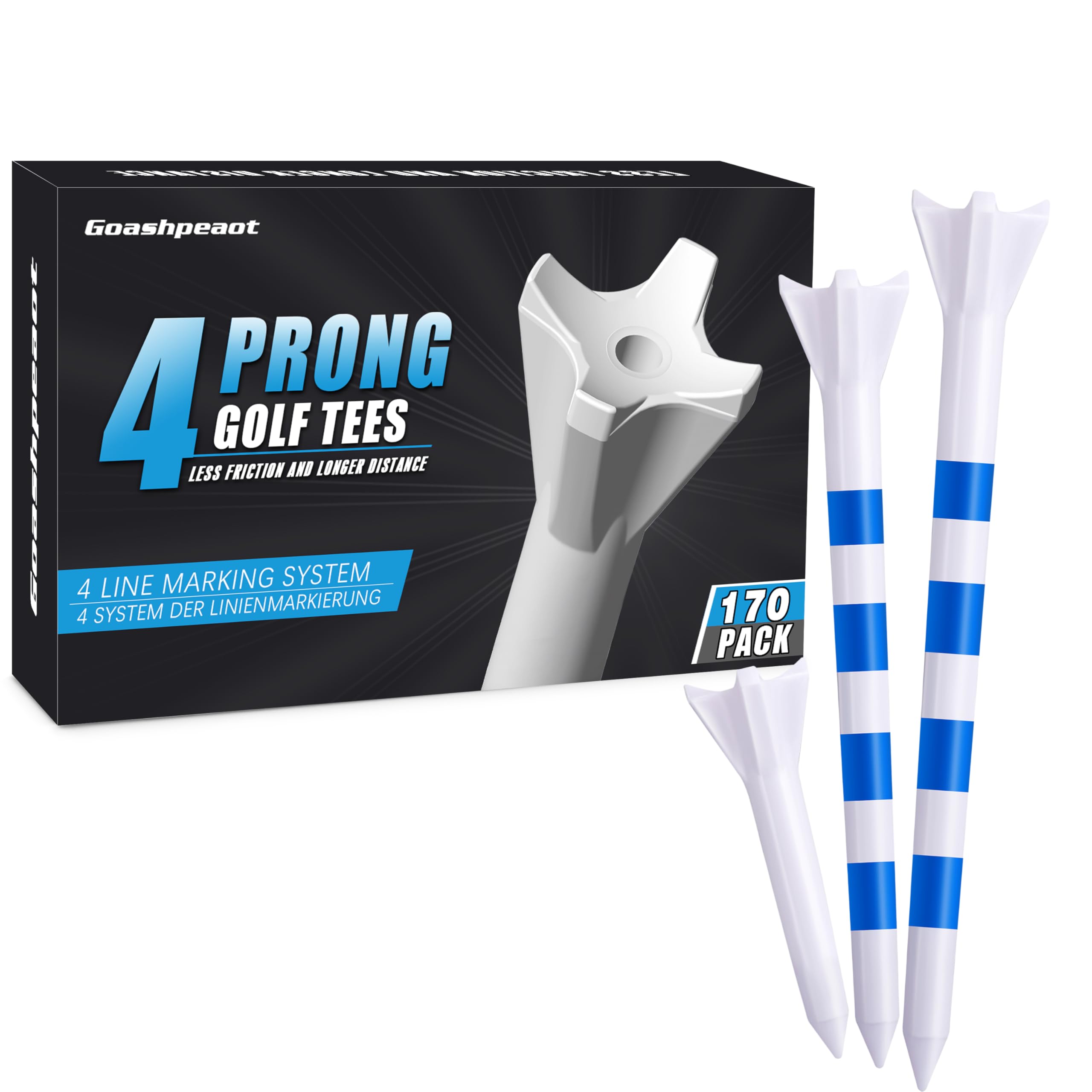 Pro Golf Tees - Paquete de 170 camisetas de golf de plástico con 4 puntas que reducen el giro lateral y la baja fricción, paquete de 3 tamaños (3¼ pulgadas, 2¾ pulgadas, 1½ pulgadas) para