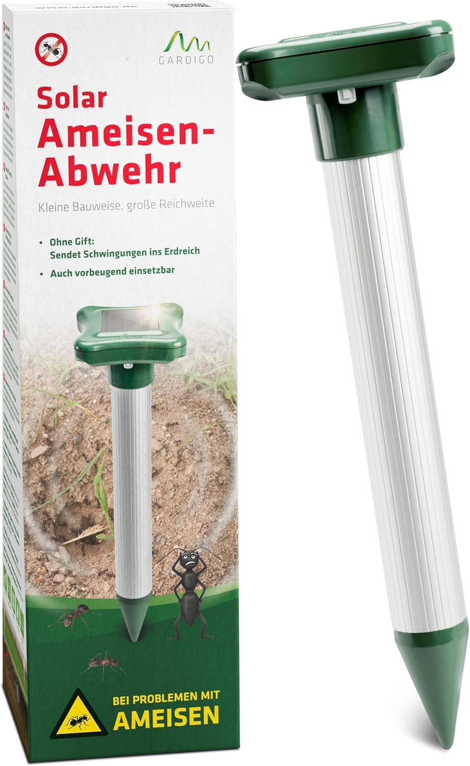GARDIGO® Repelente de Hormigas Solar con Vibración | Dispositivo Anti Hormigas | 600 Hz | Alcance de hasta 700 m² | Clasificación IP56 | Ahuyentador Efectivo | Antihormigas para Exteriores
