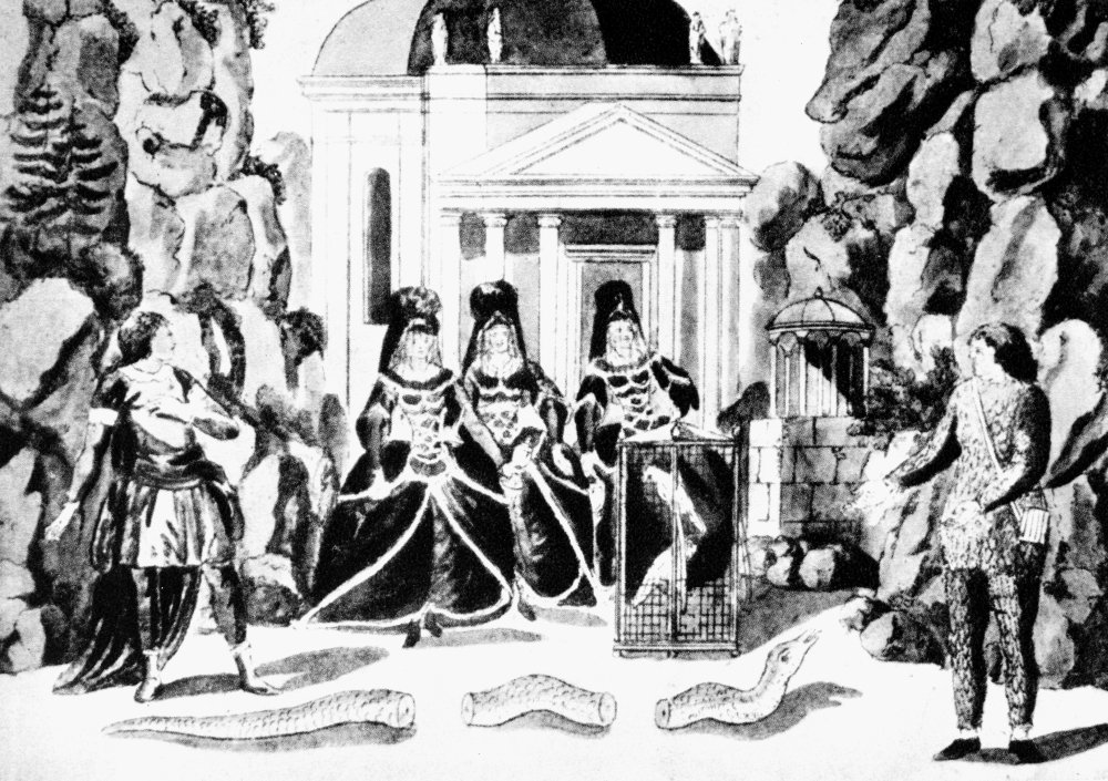 Mozart Magic Flute Nset Models For Wolfgang Amadeus MozartS The Magic Flute (Die ZauberflTe) Papageno Gives His Birds To The Queen Of The NightS Attendants And Tamino Stands At Left Aquatint Engraving