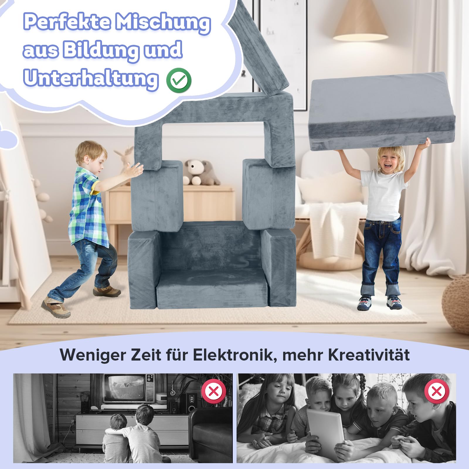2025 Neuestes Spielsofa | Spielsofa für Kinder | Kindersofa aus 7 Schaumstoff Bausteine, Flexibel Kombinierbare Kinder Couch Modulares Spielsofa zum Spielen, Kreativsein, Schlafen