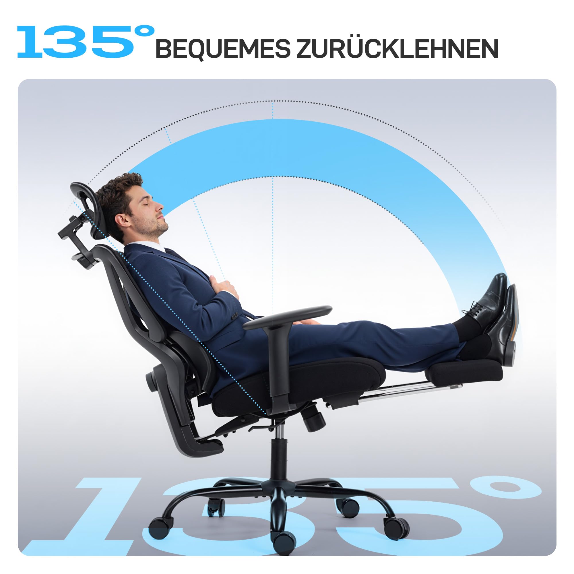 HOMCOM Bürostuhl mit 3D Einstellbarer Armlehne Lendenstütze, Schwarz | Ergonomischer Schreibtischstuhl, Kopfstütze, Höhenverstellbarer Computerstuhl, Drehstuhl mit Wippfunktion, Netz