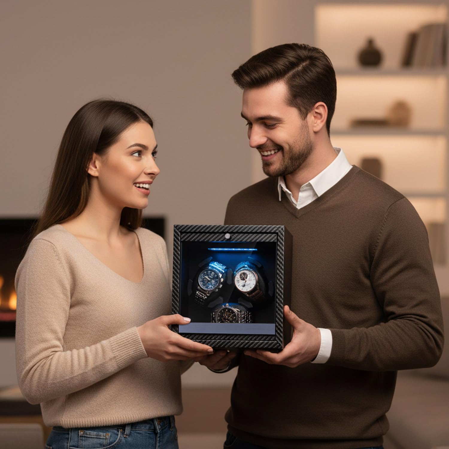 Mcbazel Cajas Giratorias para Relojes con luz LED, Motor Silencioso Watch Winder, Elegante Caja Enrollable Automática para 3 Relojes de hasta 45 mm, 4 Modos de Rotación y Alimentación por USB CC