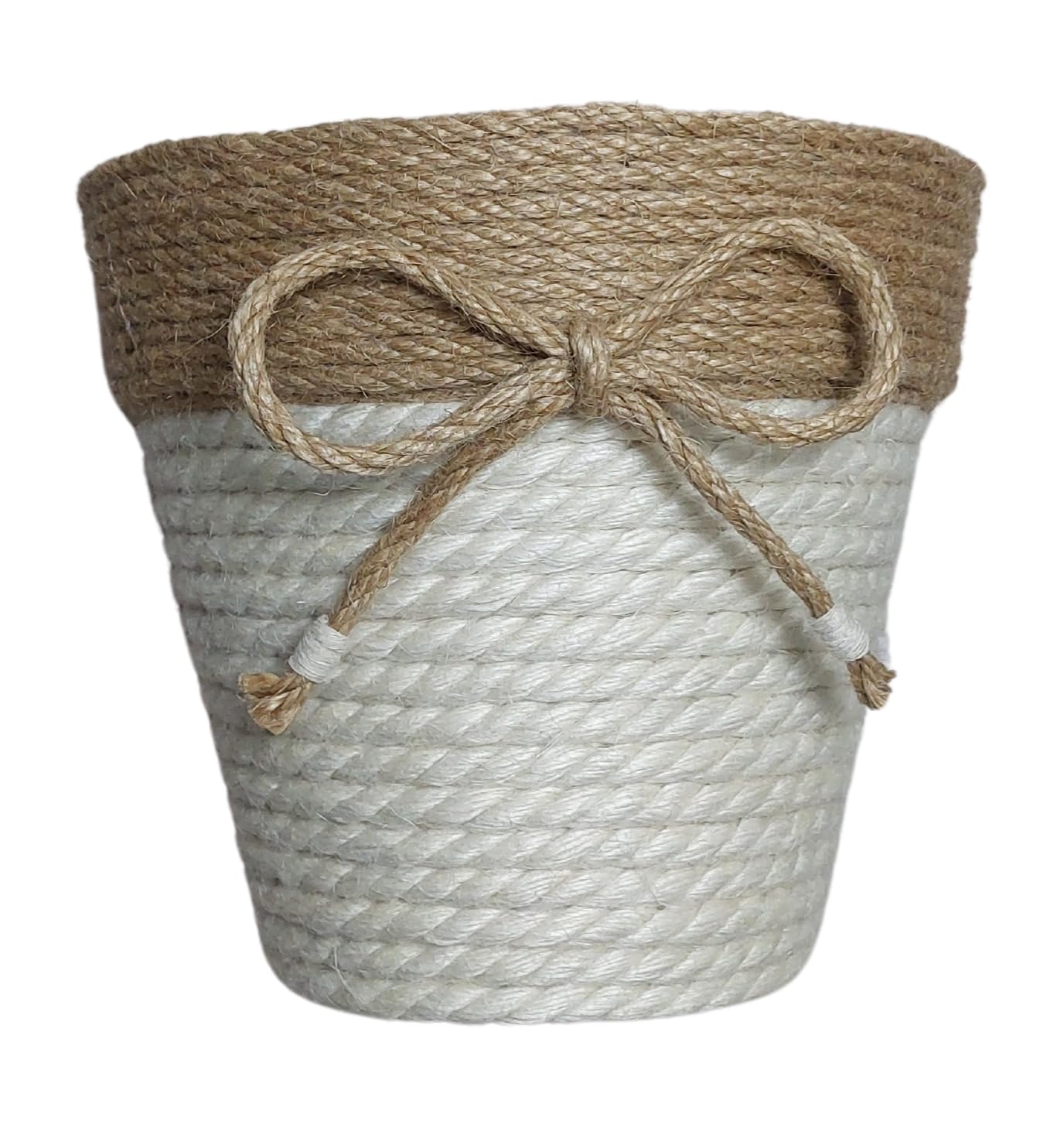 Macetero de Yute natural con lazo, hecho a mano. Para decorar el hogar, jardín, terraza, interior y exterior. Redondo. Maceta. Decorativo. Primavera.