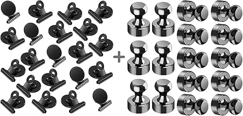 Paquete de 20 clips magnéticos para pizarra blanca y 16 unidades de imanes negros para refrigerador, pasadores magnéticos