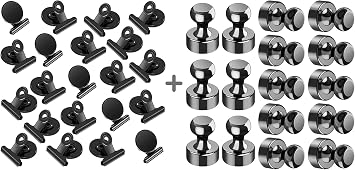 20 Pack Magnetic Clips Fridge Whiteboard Magnets Clips & 16Pack Black Refrigerator Magnets Magnetic Push Pins