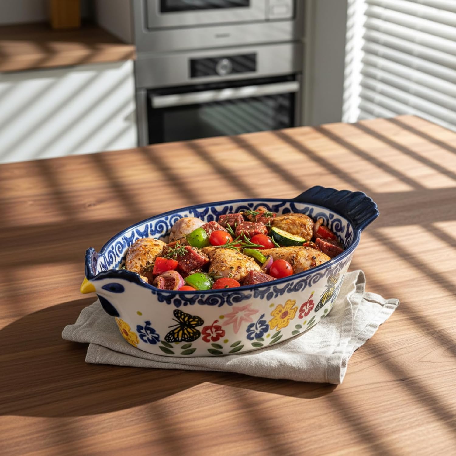Uiifan 27 oz Ceramic Casserole Dishes Chicken Shape Vintage Pie Pan Bakeware Butterfly and Flower Pattern Plate Lasagna Pans Soup Bowl for Oven, Dishwasher and Microwave Safe