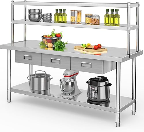 YITAHOME Mesa de acero inoxidable de 72 x 24 pulgadas con estantes y cajones, mesa de trabajo con estante de 72 x 12 pulgadas y 3 cajones, mesa de