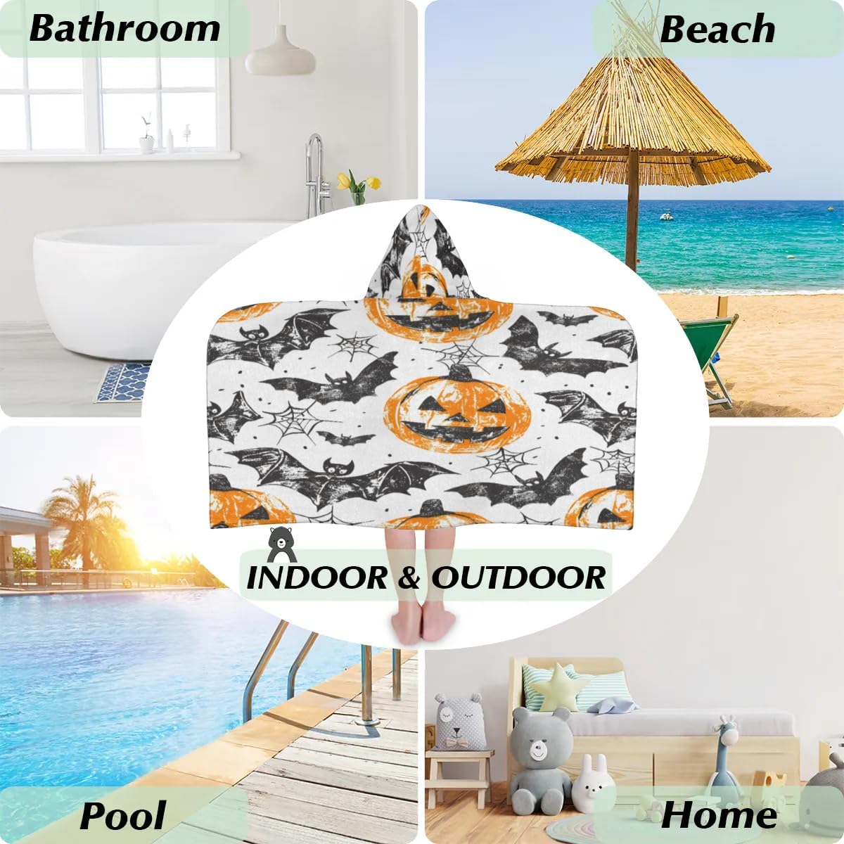 Pardick Bat Spider Web Pumpkin Kids Bath Towel Beach Towel with Hood Pool Cover Up for Girls Boys Soft Absorbent Hooded Bath Towel Toddler Towels for Beach, Pool