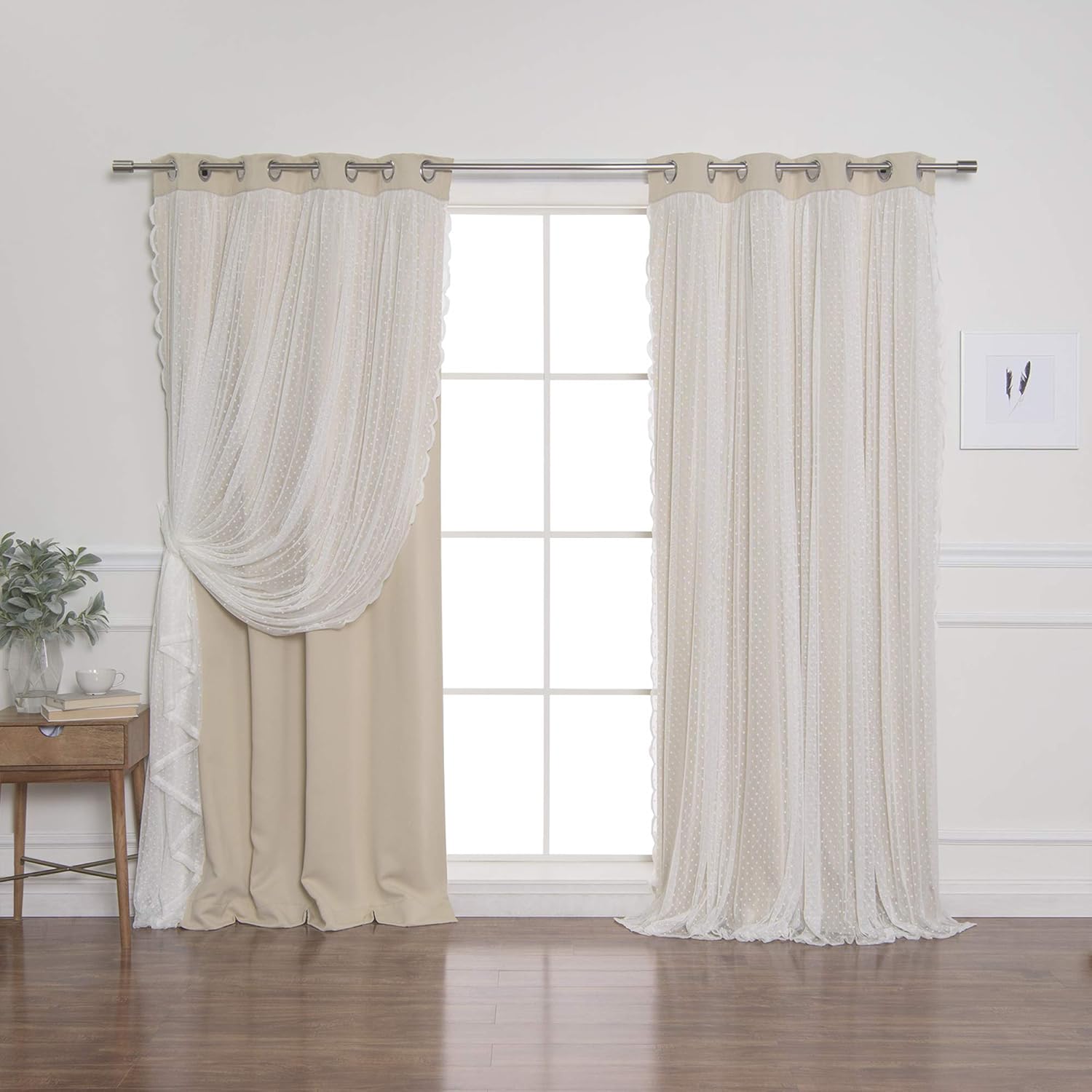 Best Home Fashion Closeout Dotted Lace Overlay Thermal Insulated Blackout Curtains - Stainless Steel Nickel Grommet Top - Beige - 52" W x 84" L - (Set of 2 Panels)