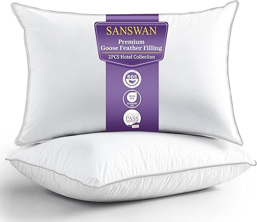 Miniatura 7 de SANSWAN Juego de 2 almohadas de plumas de ganso tamaño King, hipoalergénicas, 100% algodón, colección de hotel, almohada de lujo suave rodeada de