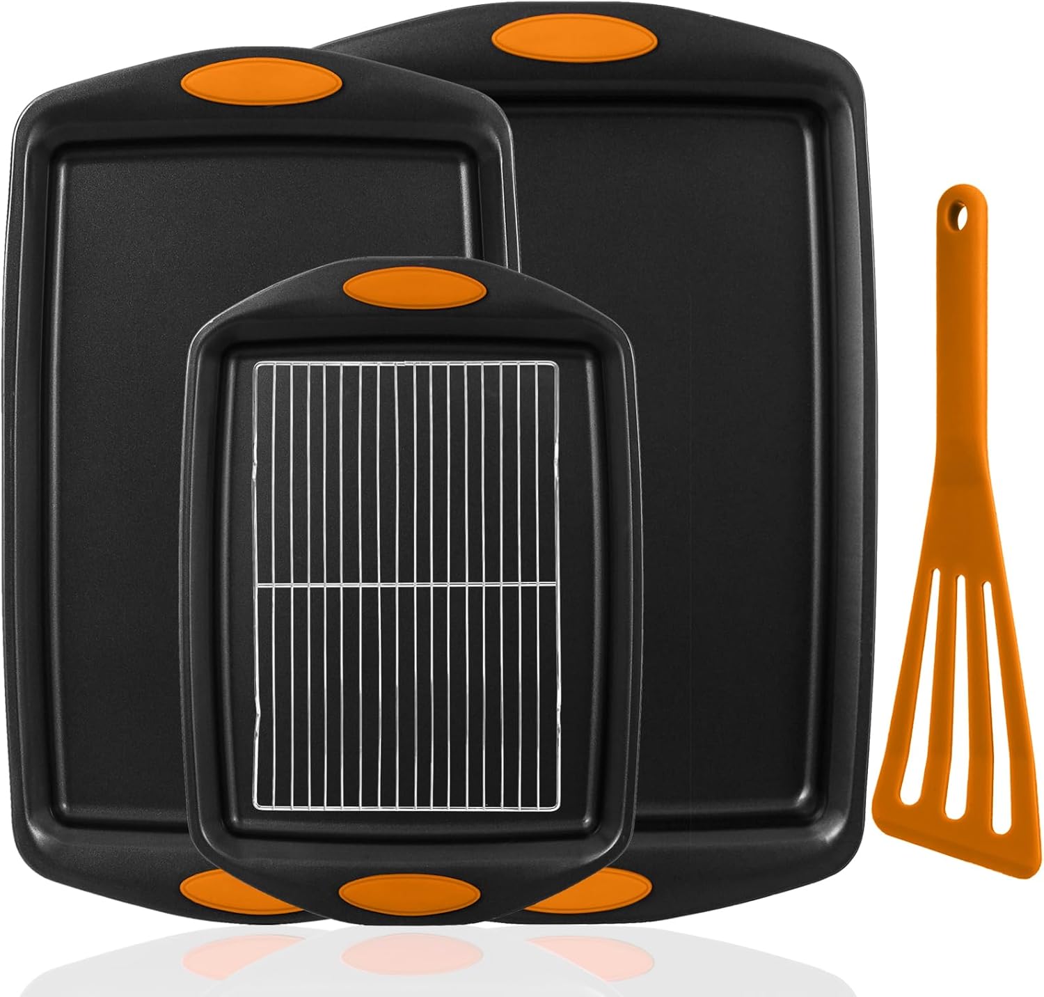 5-Piece Nonstick Baking Pans Set – Premium Carbon Steel Bakeware with PFOA/PFOS/PTFE-Free Coating, Red Silicone Handles (Black Orange) 5-Piece Nonstick Baking Pans Set – Premium Carbon Steel Bakeware with PFOA/PFOS/PTFE-Free Coating, Red Silicone Handles (Black Orange)