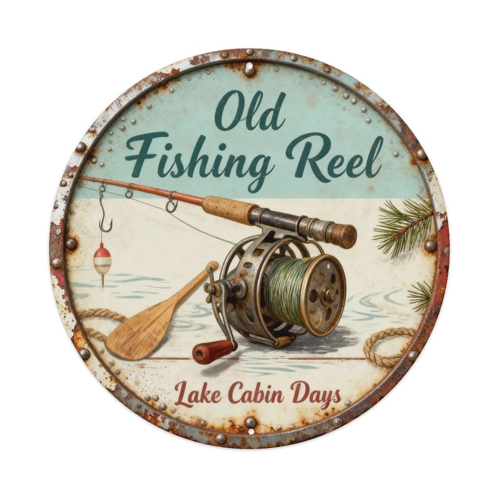 Old Fishing Reel Metal Tin Sign Plaque
