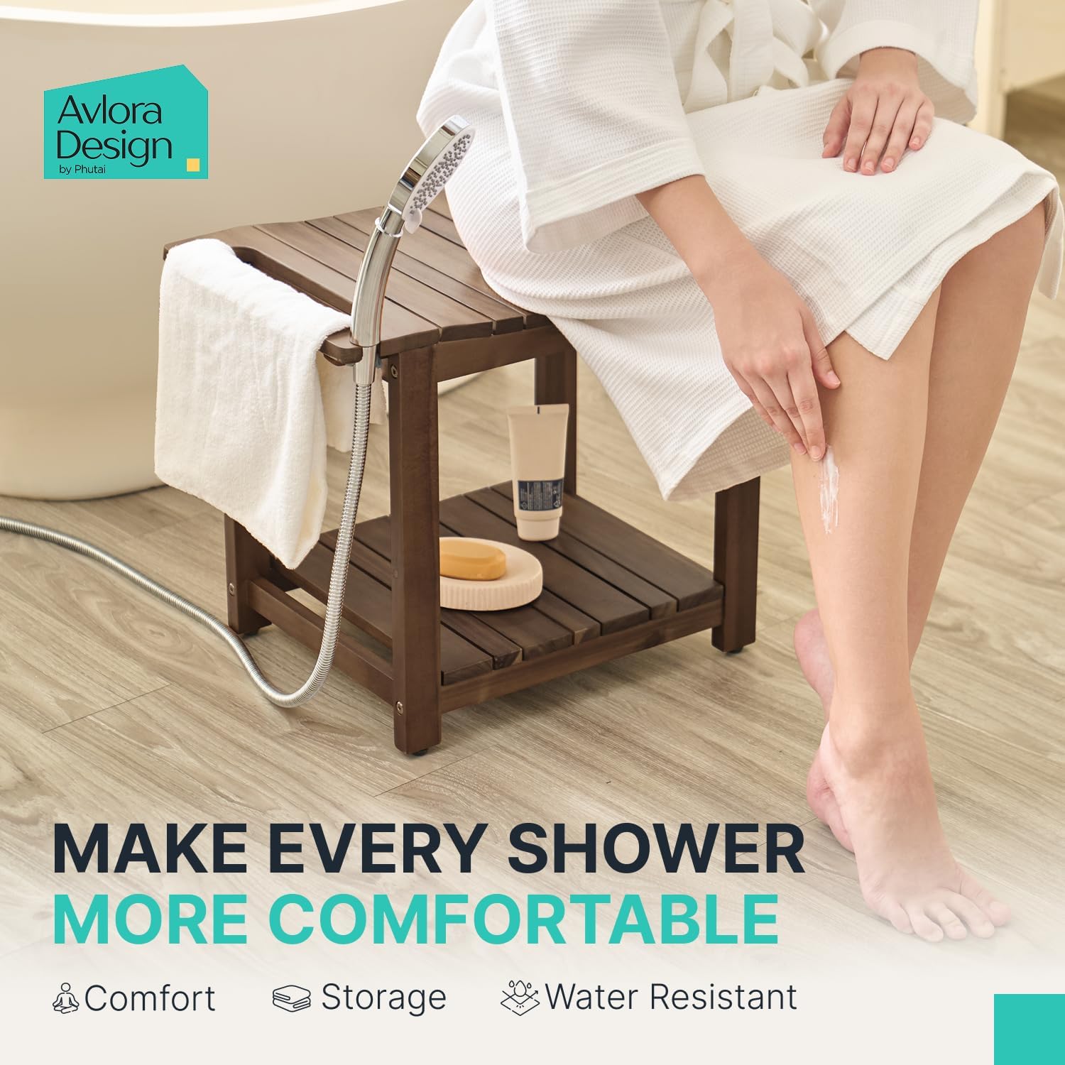 AVLORA Design 21" Premium Shower Bench with Built-in Handles - Walnut image 2