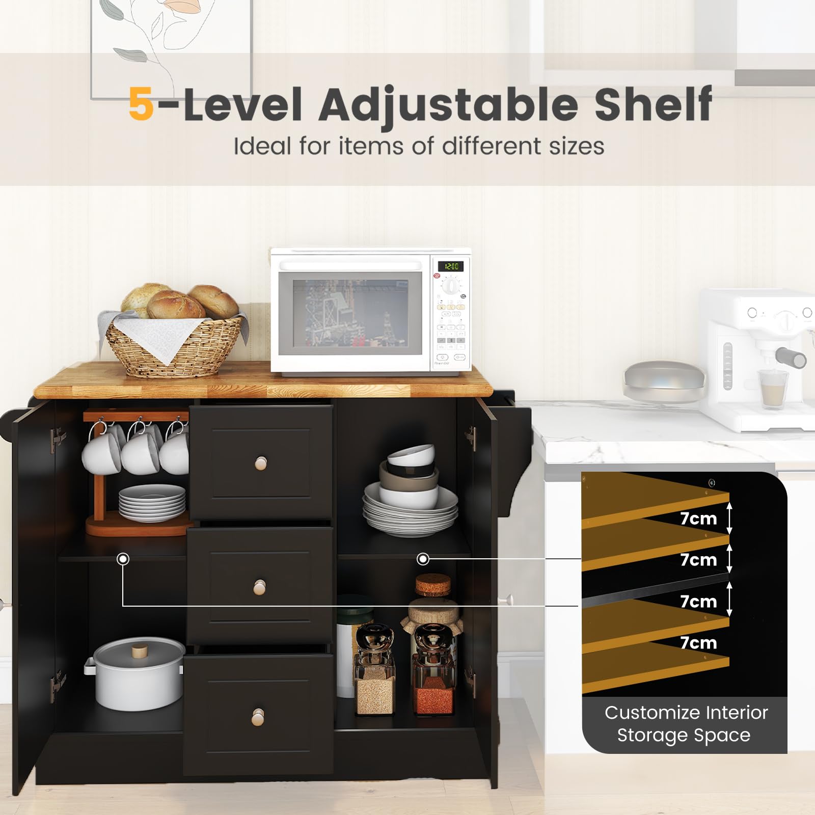 KOMFOTTEU Carrello da Cucina in Legno di Quercia con 2 Armadi e 3 Cassetti, Credenza con 5 Rotelle e Cerniere in Metallo, Isola da Cucina per Soggiorno e Sala da Pranzo (Nero)