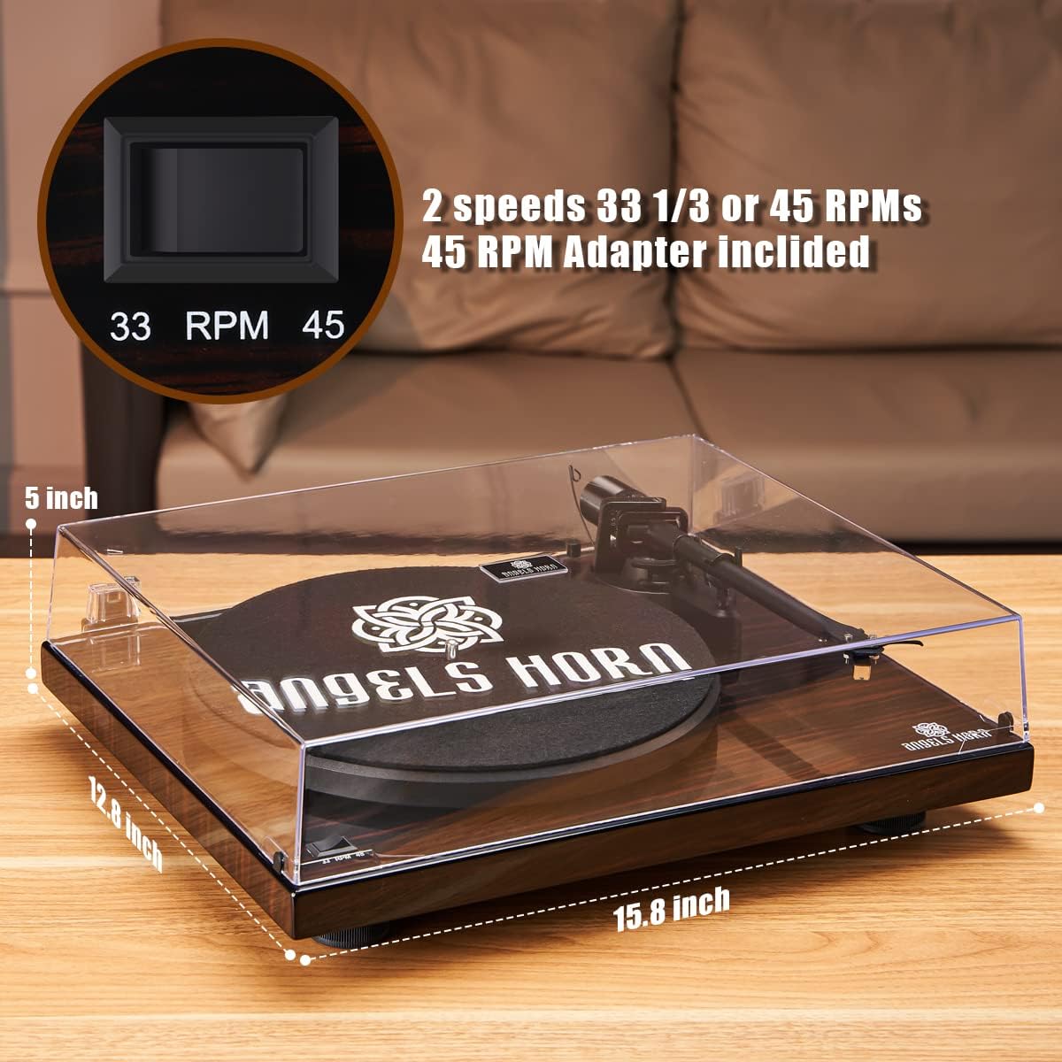 Prоduсt Dеаl ANGELS HORN Turntable, Vinyl Record Player, Built-in Phono Preamp Belt Drive 2-Speed, Adjustable Counterweight, AT-3600L (Mahogany Wood)