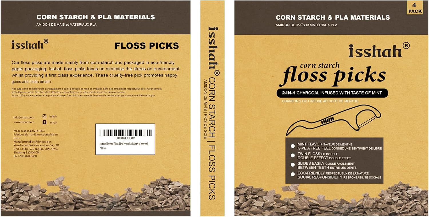 Isshah Corn Starch Natural Dental Floss Picks - 200 Count - Charcoal | Mint flavored, charcoal infused vegan flossers. BPA free, PETA approved. 3-inch plant-based picks for interdental care.