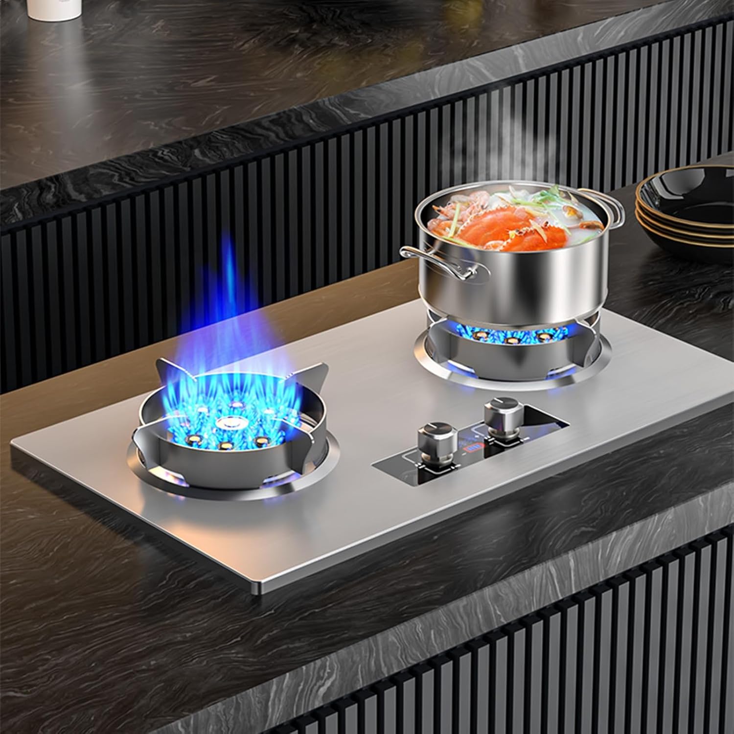 Portable 2 Burner Gas Stove,Stainless Steel Countertop,5.2KW 9-cavity High-Power Cooktop,with 99-Min Timer and Flame Failure Protection(NG)