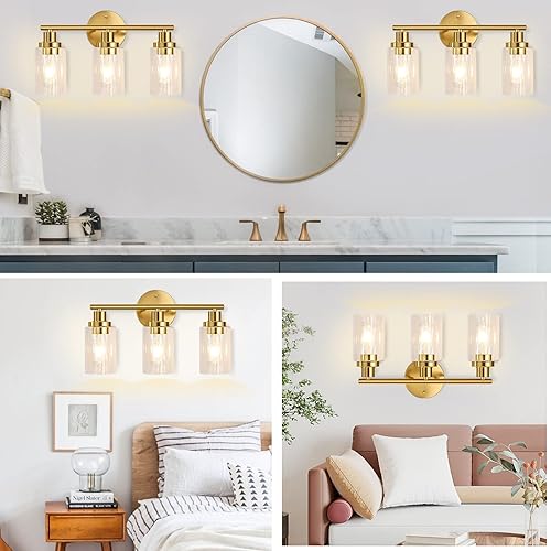 Miniatura 7 de Lámparas de baño doradas para tocador, 3 luces, apliques de pared, luces de latón cepillado con pantallas de vidrio transparente, lámpara de pared