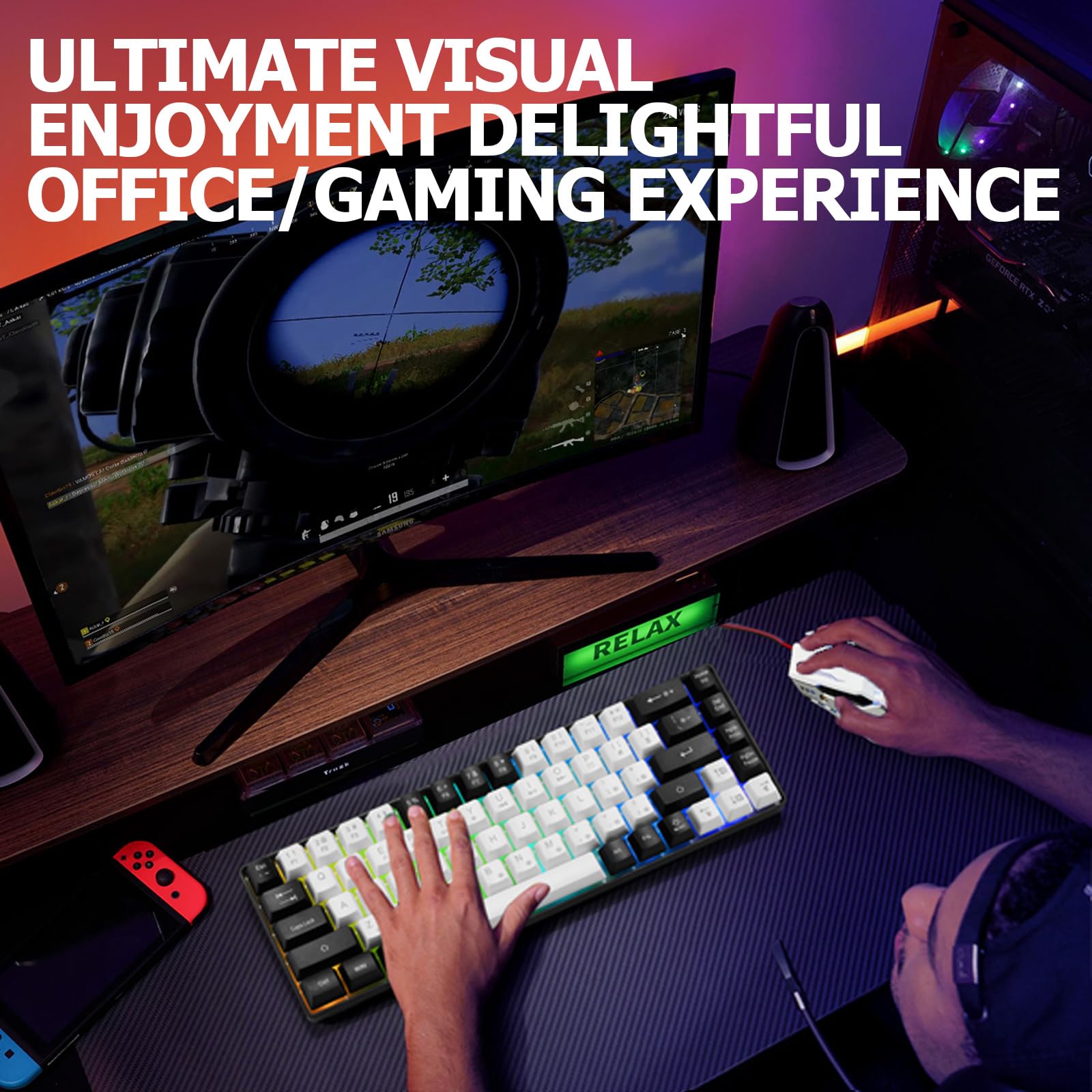 Guiheng Tastiera e mouse da gioco con cavo al 60%, ultra-compatta a 61 tasti, retroilluminata RGB, ottica leggera a 3200 DPI, set da gioco cablato per Windows, PC, Mac, PS5, Xbox Gamer, (bianco-nero)