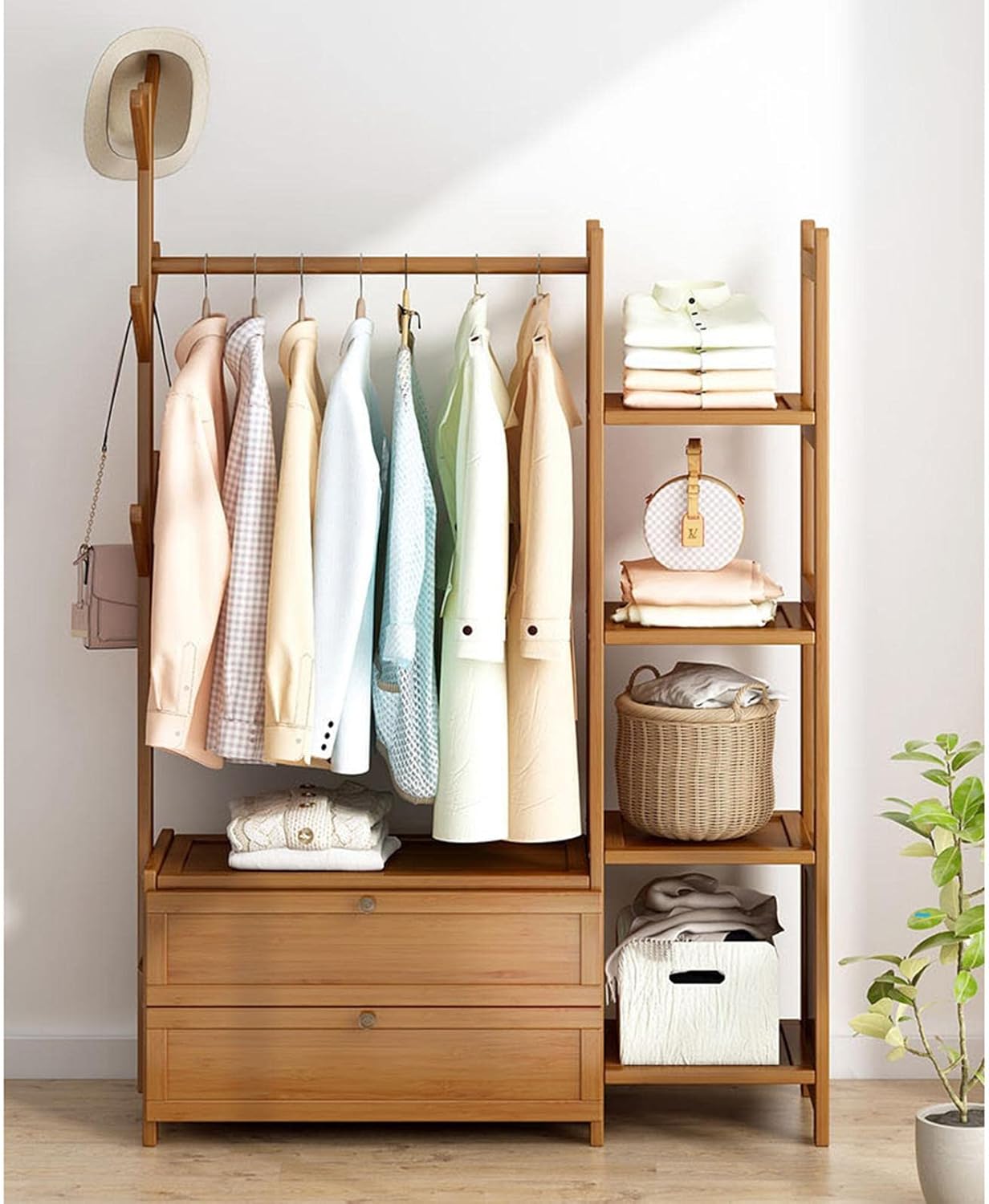 竹製コートラック フック・引き出し・棚付き 3 in 1 オープンワードローブ 玄関・寝室・浴室・オフィス用 80x37x146cm