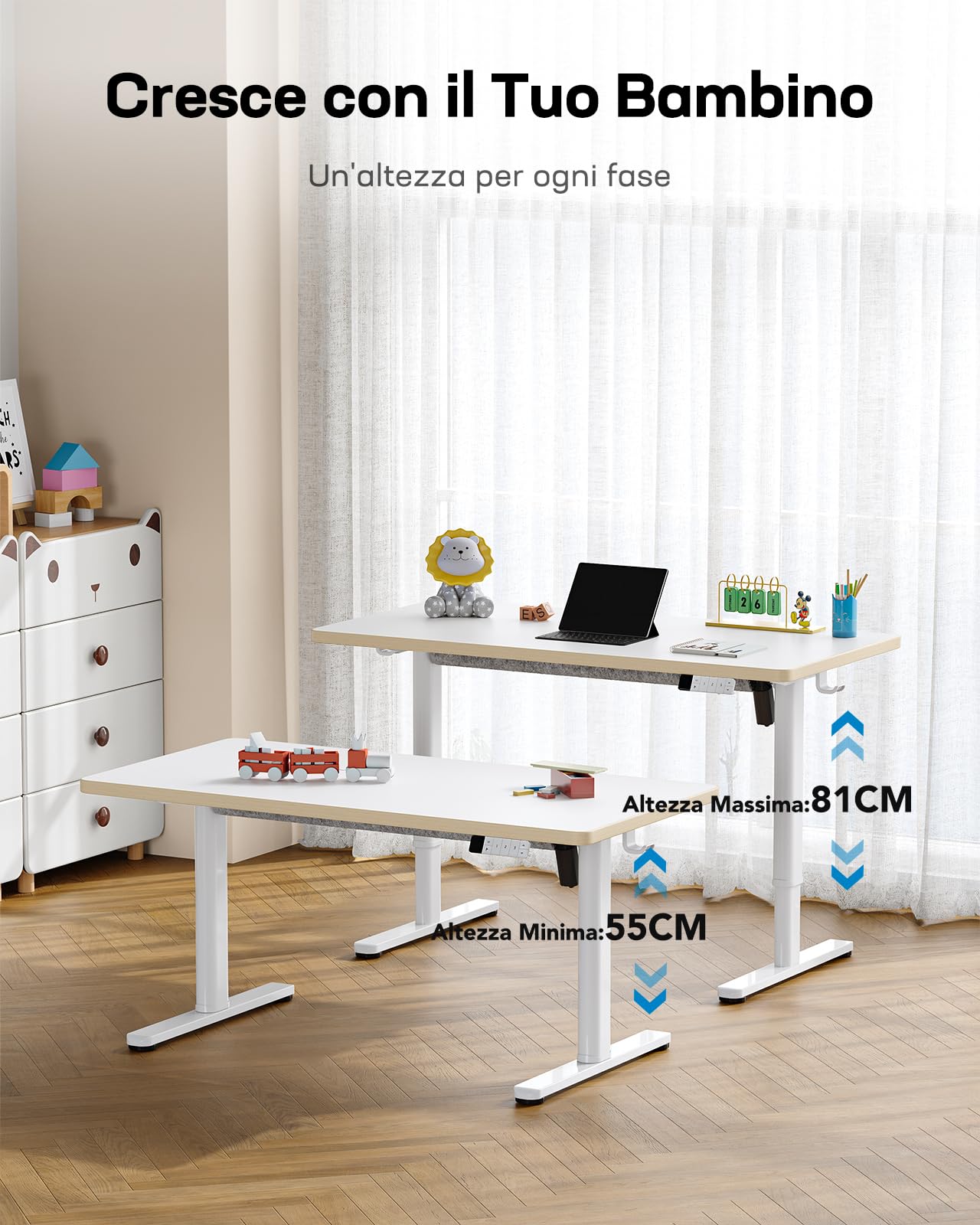 HUANUO Scrivania Elettrica in Piedi per Bambini con Superficie Opaca da 120 cm x 60 cm, Display a LED con Controller Manuale con 3 Altezze Preimpostate e Blocco per Bambini