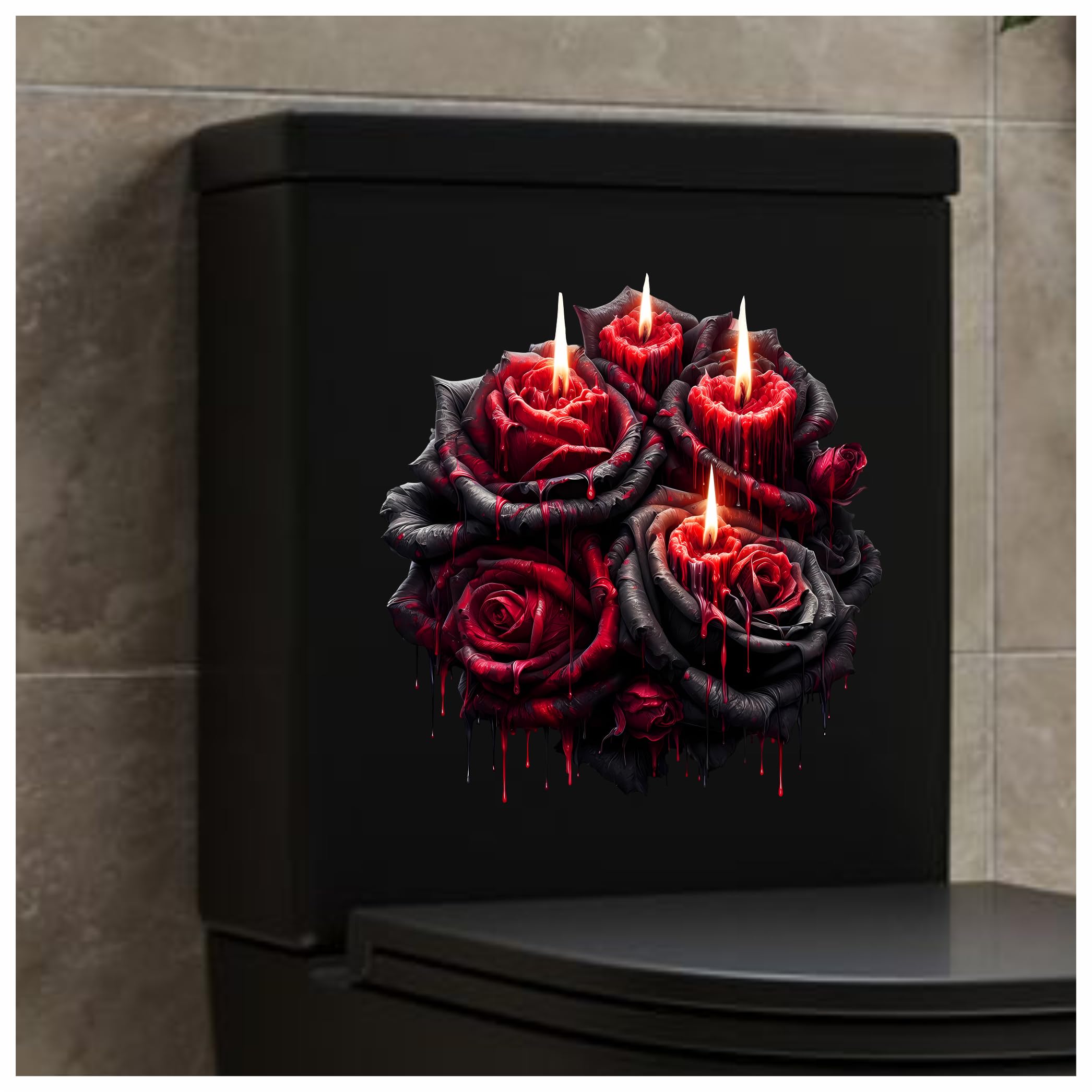 Red Rose Candle Toilet Seat Lid Decals, Non Transparent, Cover Marks, No Unsightly Film, No White Edges, 26cm Tall, Weatherproof, Multi Purpose Gothic Flower Vinyl Stickers