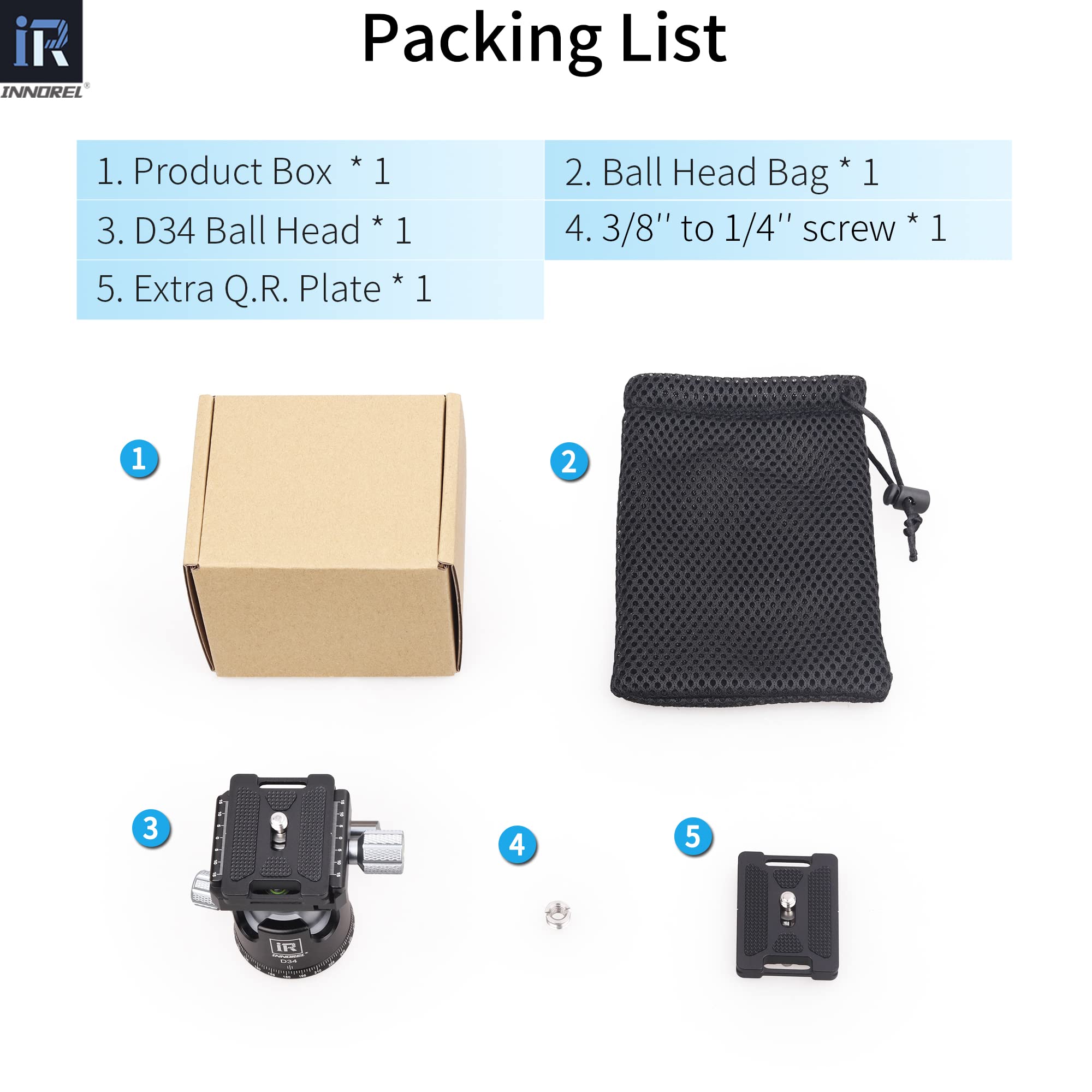 Testa a sfera per treppiede-INNOREL D34 Testa professionale per fotocamera panoramica a 360° per fotocamere DSLR, videocamere, DV con piastra a sgancio rapido da 1/4" Arca Swiss Carico 15 kg