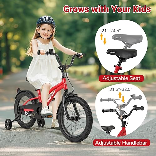 Miniatura 2 de COSTWAY Bicicleta para niños de 12/14/16/18 pulgadas, bicicleta para niños pequeños con ruedas de entrenamiento, asiento y manubrio ajustables, Rojo