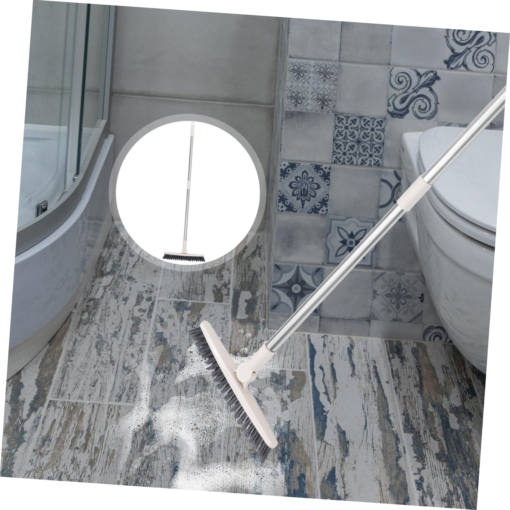 Cepillo para Limpieza Giratoria Fregar y Largo Mango Cabeza para Pisos Multifuncional Herramienta de Plástico y Acero Inoxidable en Ducha y Jardines