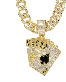 Iced Out Miami Cuban Link Chain with Royal Flush Playing Card Pendant, 20 inch Silver Gold Plated Hip Hop Necklace, Lucky Casino Charm Jewelry for Men Women