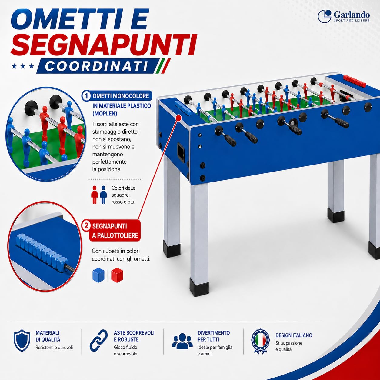 Garlando Calcio Balilla Goal [Made in Italy] Calcetto da Tavolo Biliardino Con Aste Rientranti Telescopiche o Uscenti | Campo in Vetro Temperato Infrangibile |Palline e Spray Inclusi