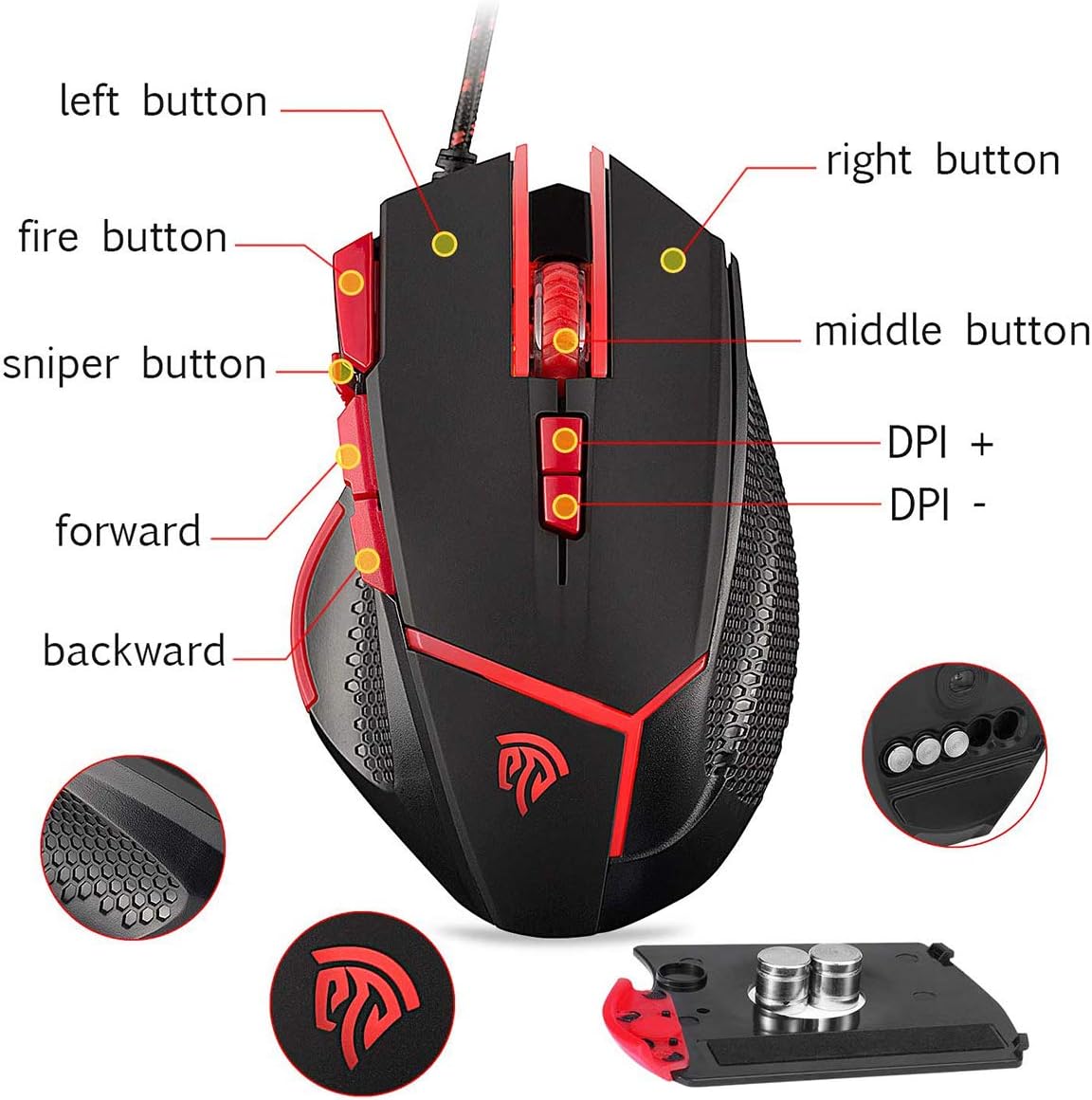 [Wired Gaming Mouse 4000 DPI 9 Buttons] EasySMX V18 Optical Mouse Weight Tuning Set Non-slip Design with LED Light Fire/Sniper Button 4 Programmable Button for Laptop PC Computer Gamer (Black and Red)