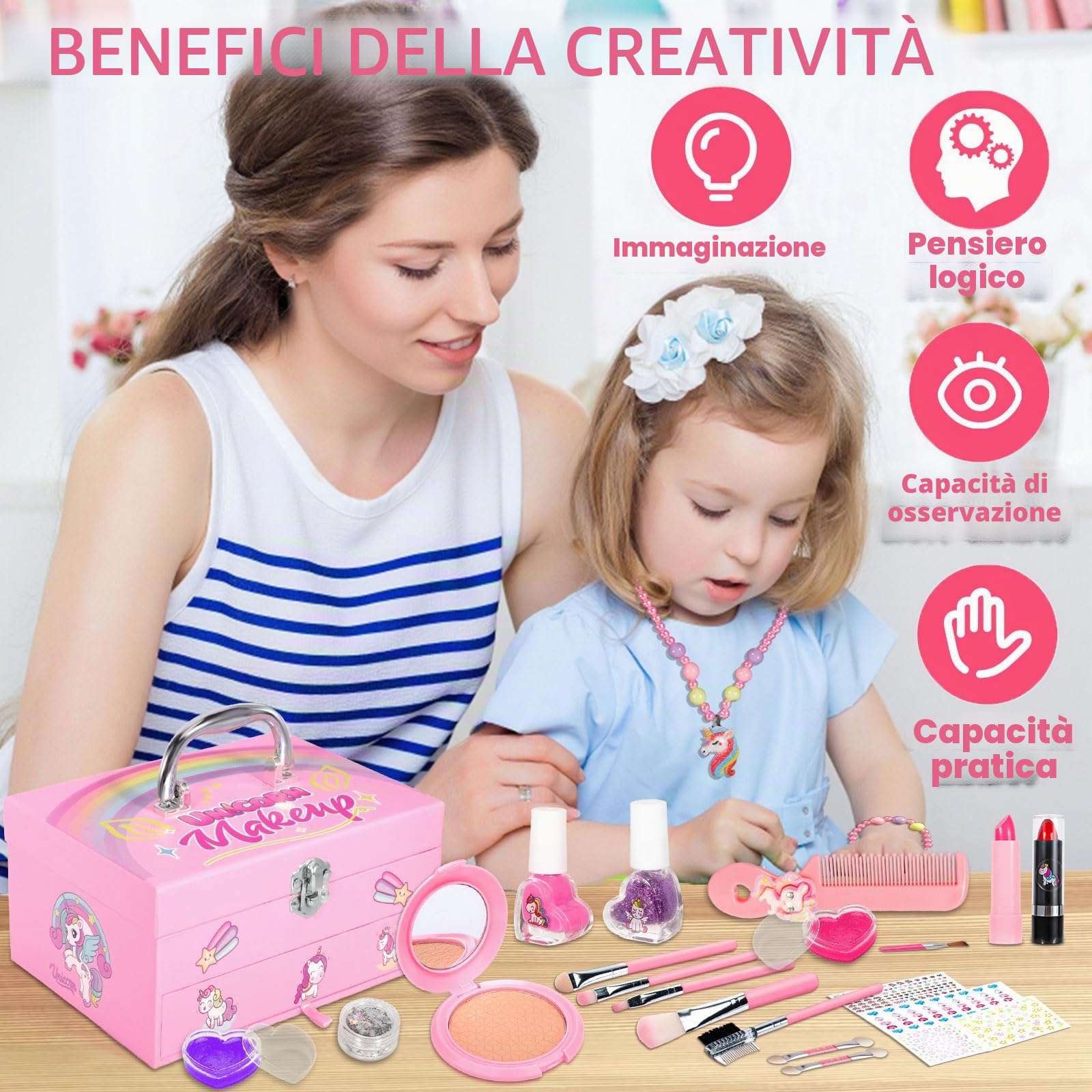 Set Trucchi per Bambini, 59 Pezzi Lavabile, Valigetta Trucchi, Giochi Natale Halloween Compleanno Regalo 5-12 Anni