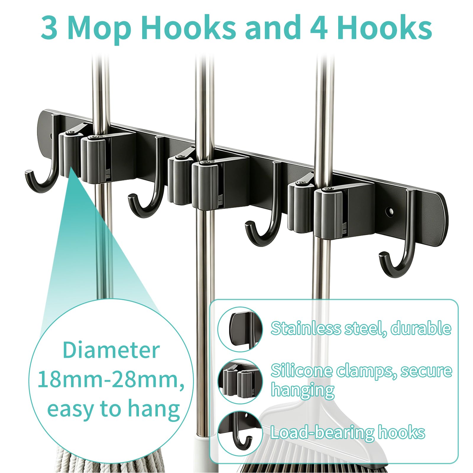 Porta Scope da Parete 3 Supporti con 4 Ganci Portascope da Muro Appendibile in Acciaio Inox Appendi Scope a Muro Adesivo Appendiscope Organizer per Cucina, Garage, Giardino, Terrazza, Bagno