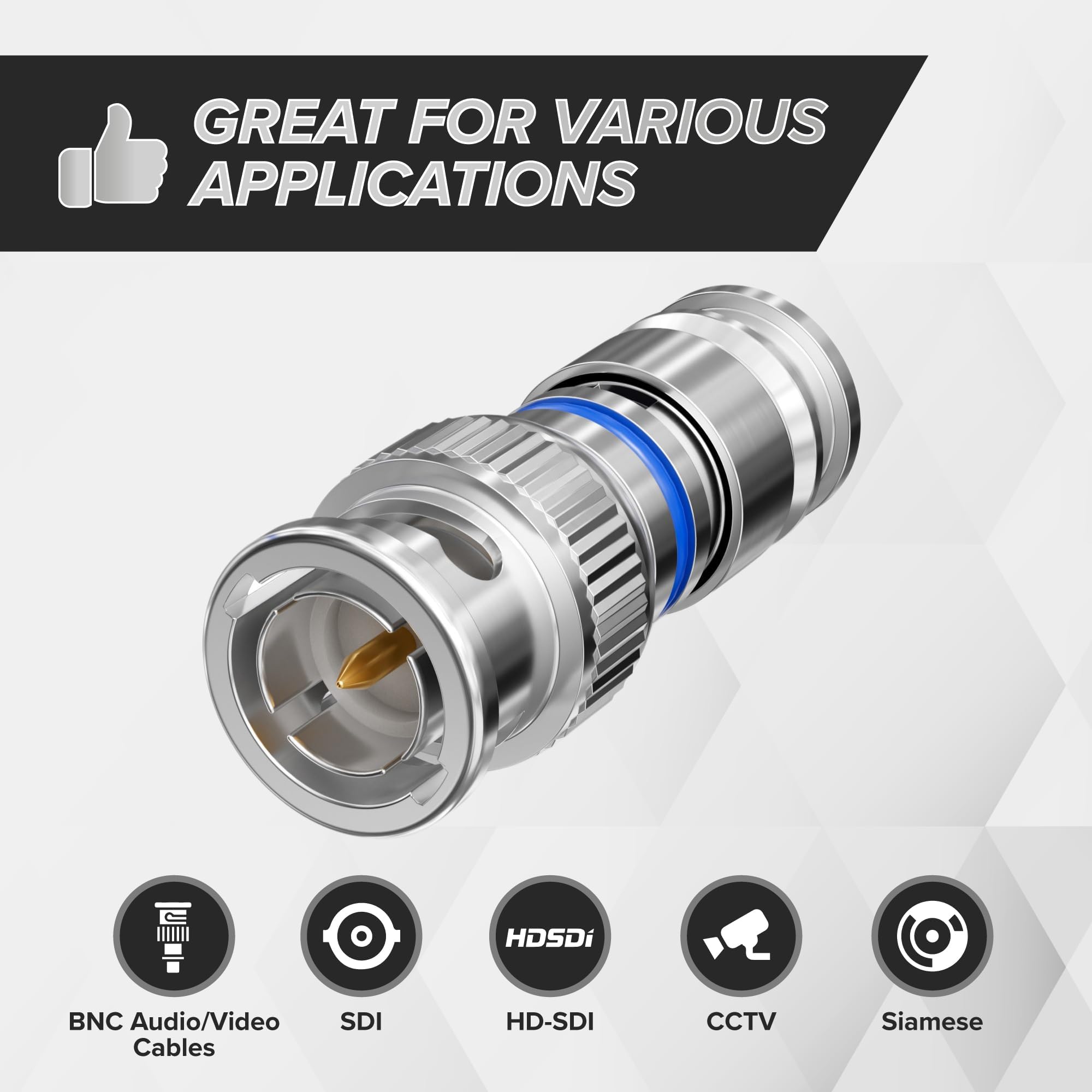 THE CIMPLE CO BNC-Kompressionsstecker für RG6-Koaxialkabel – RG6-BNC-Stecker für Überwachungskameras, CCTV, SDI, HD-SDI – Koaxialkabelenden, 100 Stück