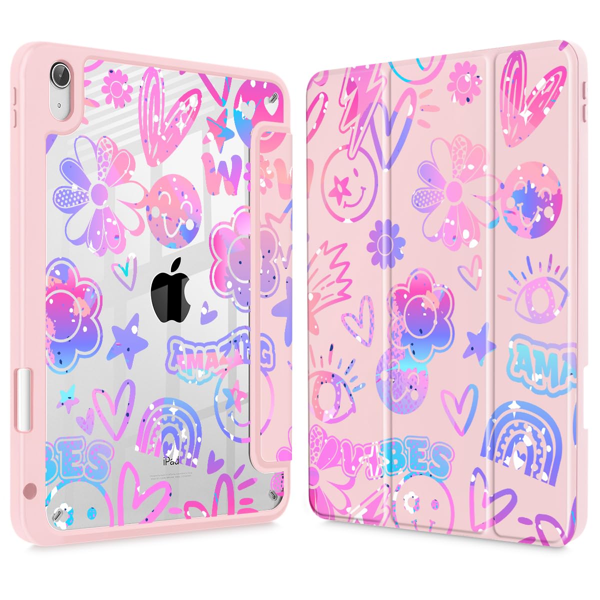 Case for iPad Air 11'' (M3 2025/M2 2024) 6th Gen/iPad Air 10.9'' 2022 2020 5th /4th Gen, Buit in Pencil Holder with Shockproof Cover Clear Back Auto Wake/Sleep, Emotions Pink