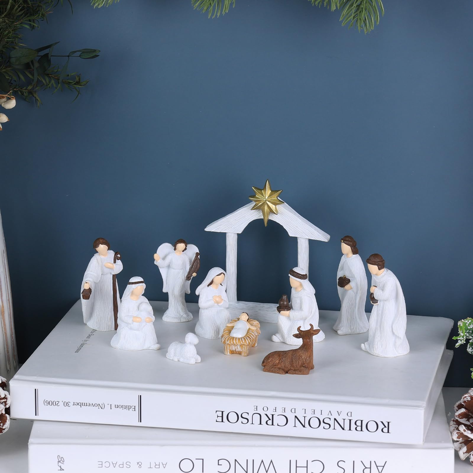 MEETYAMOR Weihnachtskrippe Sets für Weihnachten Innen, 11 Stück Harz Krippe Figuren Set für Weihnachten Dekor, Weihnachtsdekorationen Innen für Home Tisch Kaminsims Küchenregal