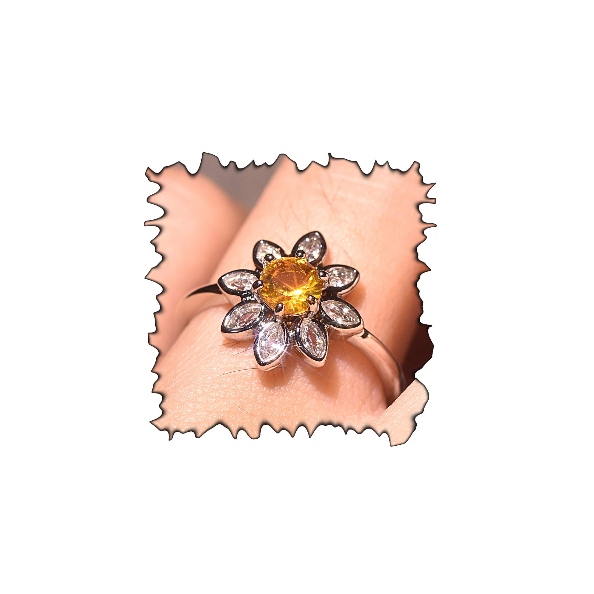 JESMINGSunflower Topaz Ring, Women Silver Plated Cubic Zirconia Ring Dainty Sunflower Ring Delicate Everyday Ring for Women