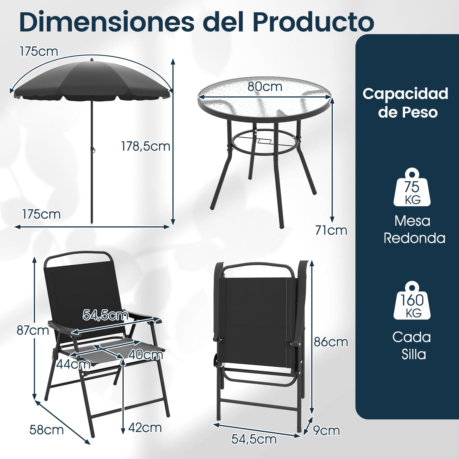 COSTWAY Conjunto Jardin Exterior de 6 Piezas, Mesa Redonda de Vidrio Templado, 4 Sillas Plegables con Brazos y Sombrilla, Muebles Comedores Jardin Terraza Balcon Exterior
