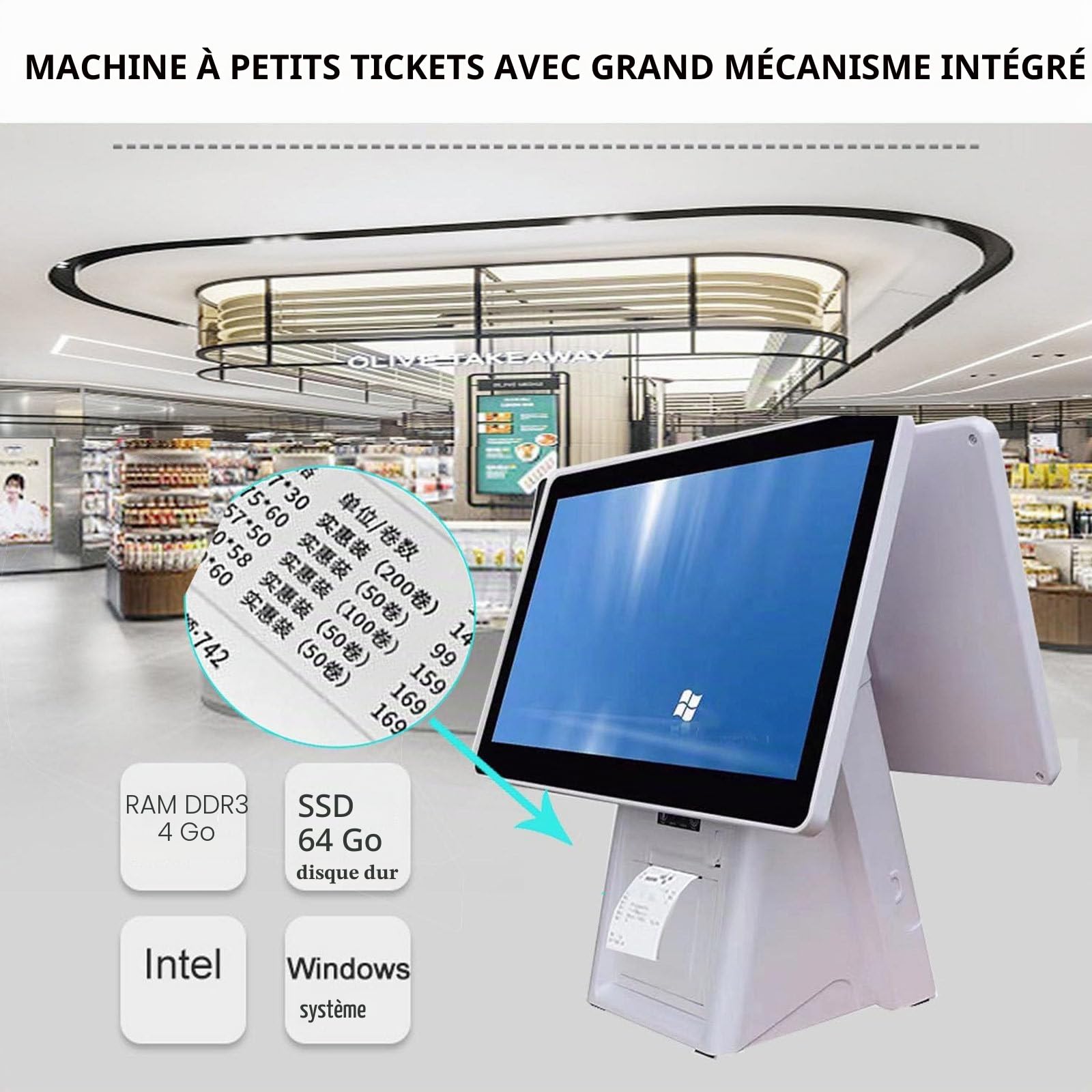 Caisse Enregistreuse Tactile,Angle d'écran réglable d'une Seule Main,8Go RAM + 128Go SSD,Caisses À Monnaie pour Commercial et Vente au Détail,Matériel Uniquement